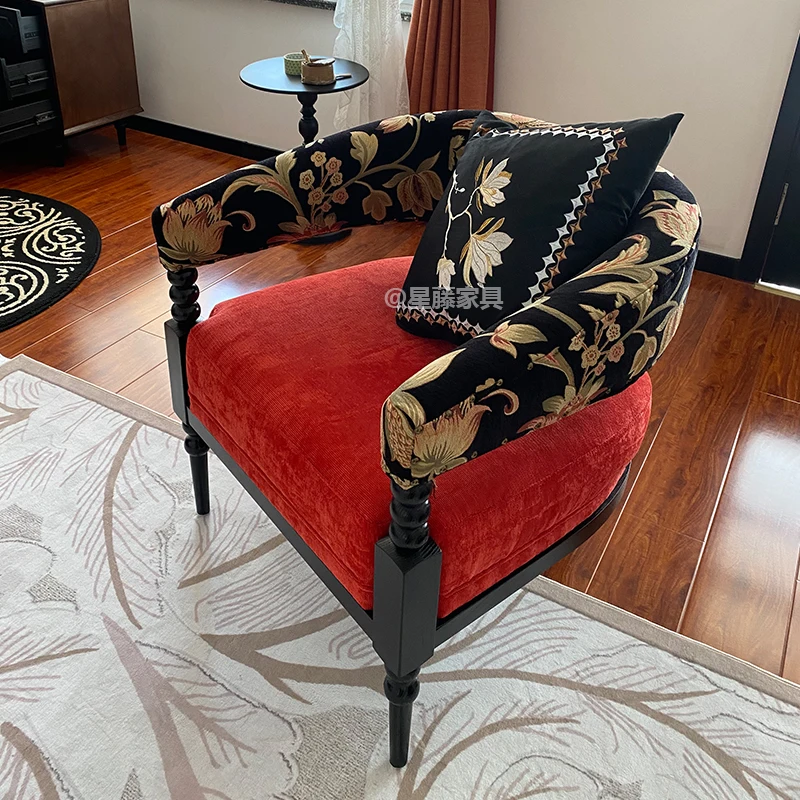 

French retro solid wood casual sofa chair jacquard fabric single living room balcony single chair hotel tea room reception chair
