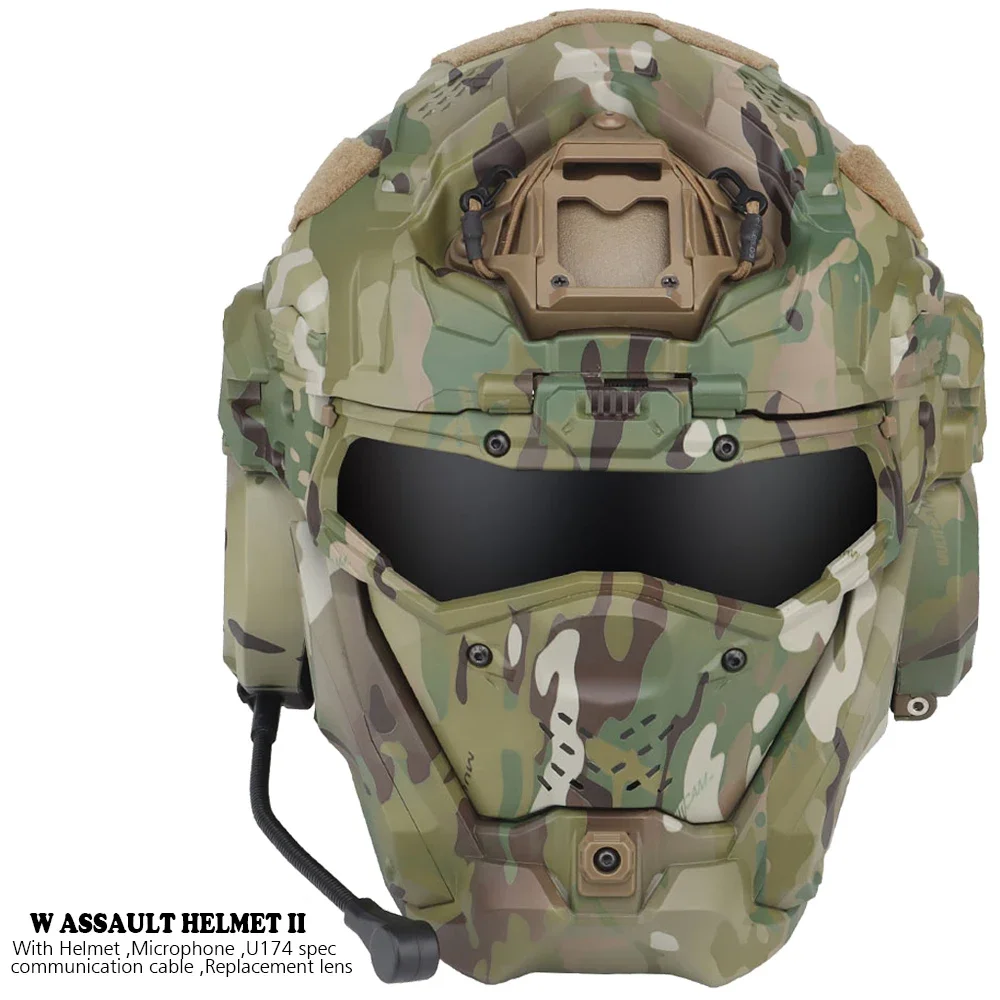 Airsoft szybki kask taktyczny wojskowy W-Ronin kask szturmowy II wbudowany zestaw słuchawkowy, wentylator przeciwmgielny, maska klapkowa, wymienna soczewka