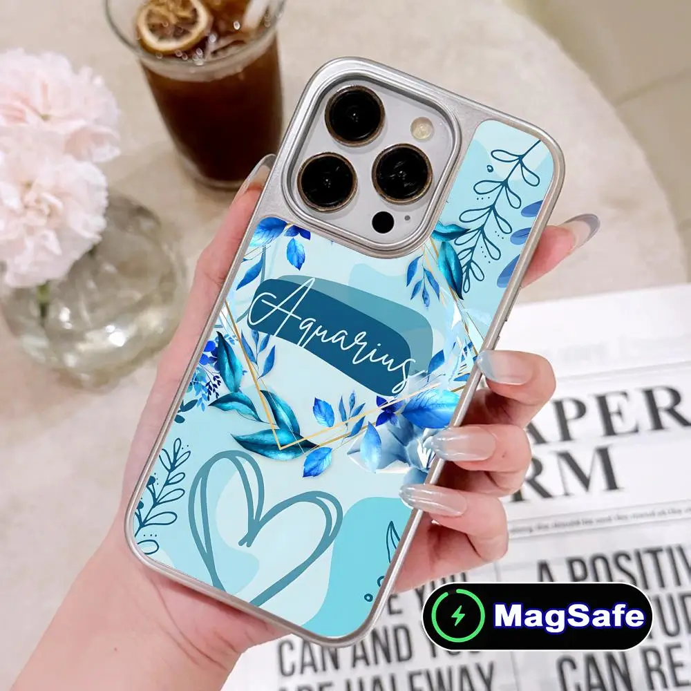 

Чехол для телефона с изображением знака зодиака Водолей для iPhone 17 16 15 14 13 12 11 Air Pro Max Plus, с серебряным покрытием, цветной, с поддержкой MagSafe