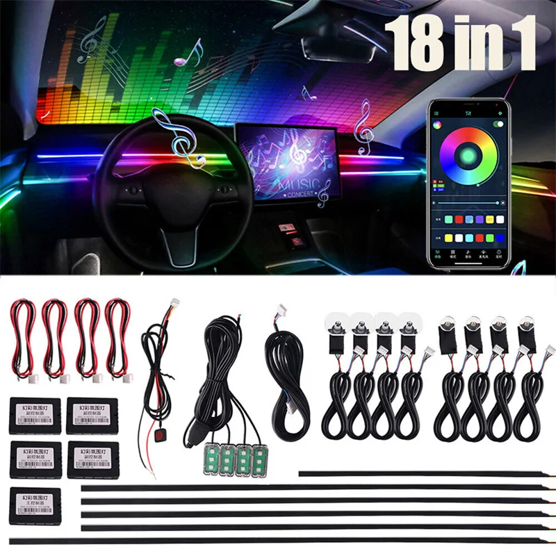 18 In 1 Full Color Streamer Car Ambient Lights RGB 64 Color Universal LED Interior Hidden Acrylic Strip Symphony Atmosphere Lamp