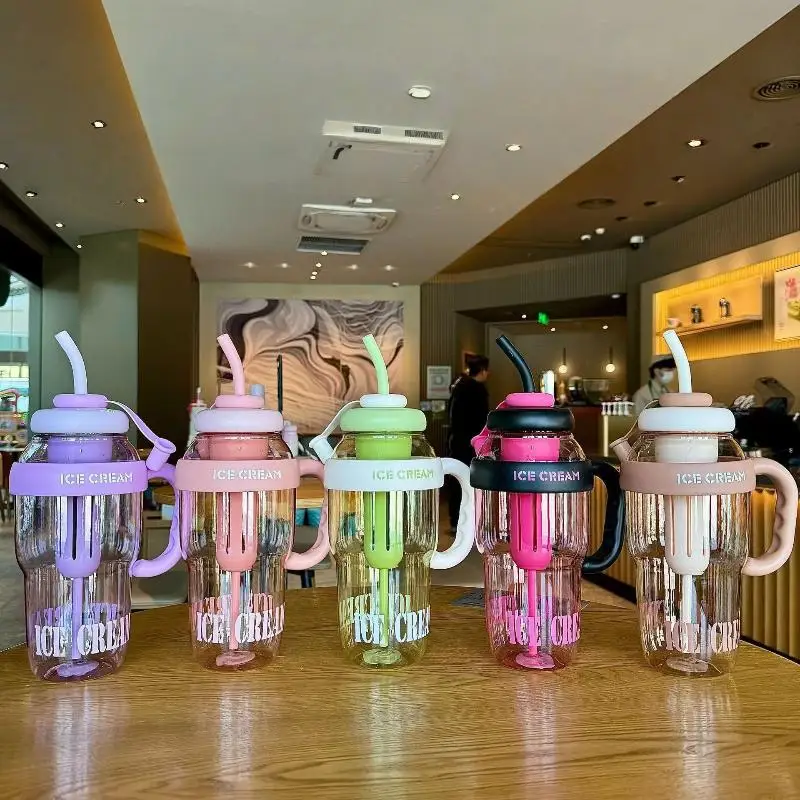 Children Large Capacity Water Bottle 1300ML with Straw Cute Plastic Cup for School Sports