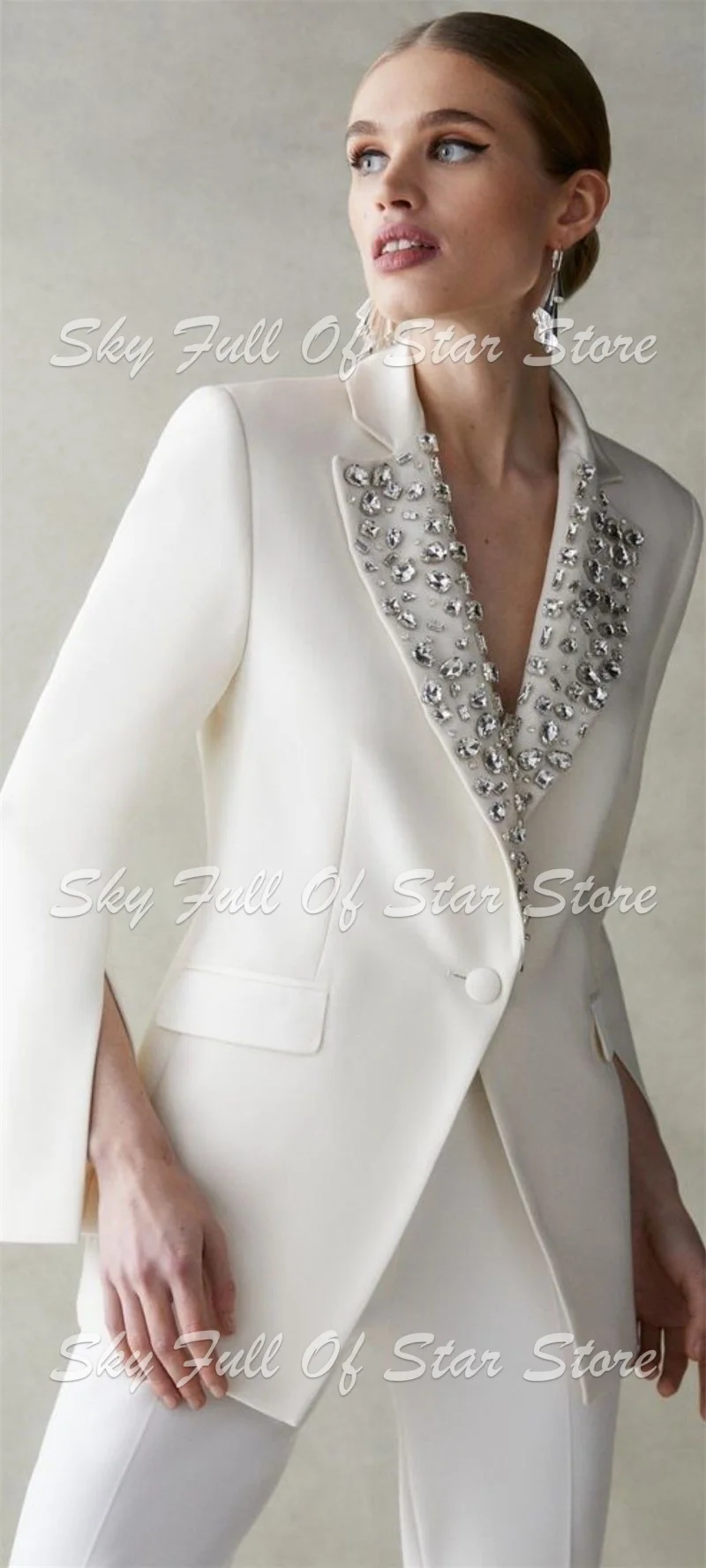 Elegant Rhinestone Decor Women Suit Set 2 Pcs Blazer Straight Pants Formal Wedding Bridal Evening Party Wear Cocktail Outfit