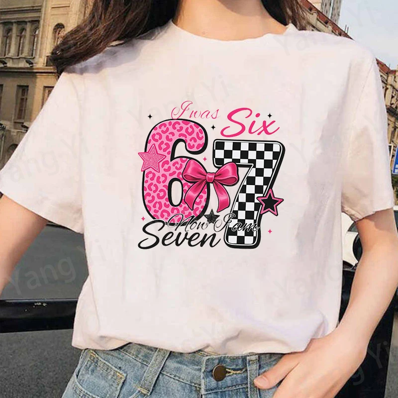 

New Six Seven Pink Leopard Print and Black and White Checkered Pattern T-Shirt Men Women Fashion Short Sleeve Casual Summer Tops