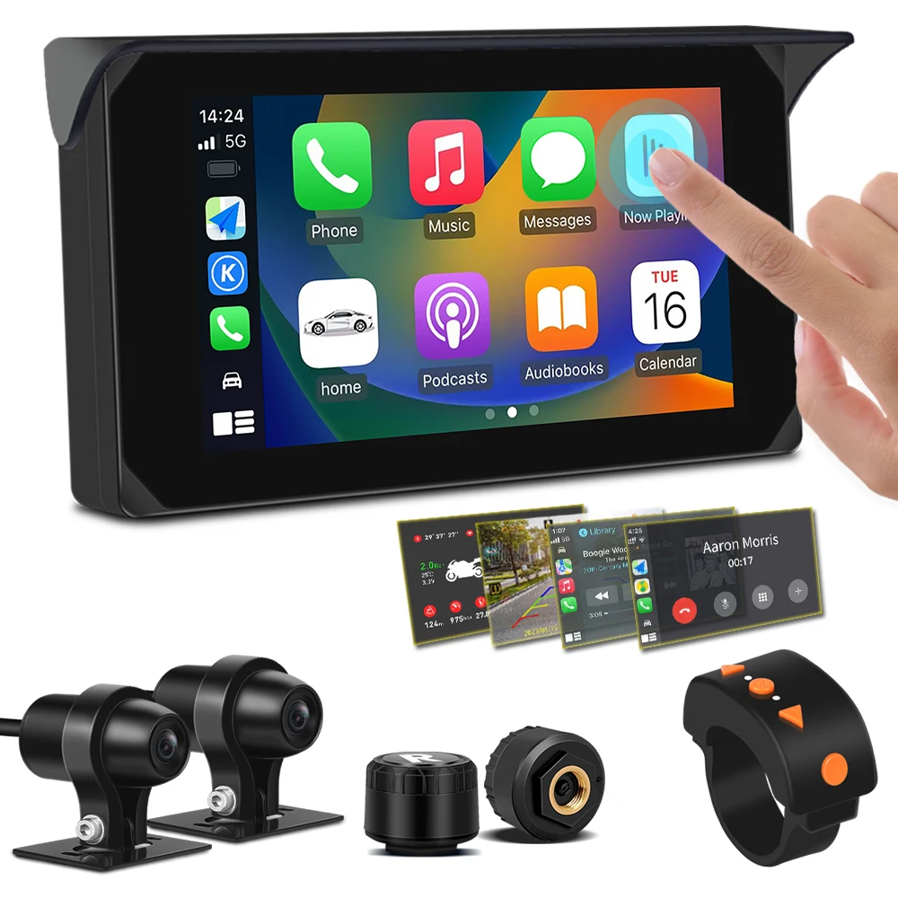 VSYS Carplay Android Auto Motorcycle Dash Cam 5.0'' Touchscreen with Dual 1080P Waterproof Cameras TPMS Parking Mode WiFi App