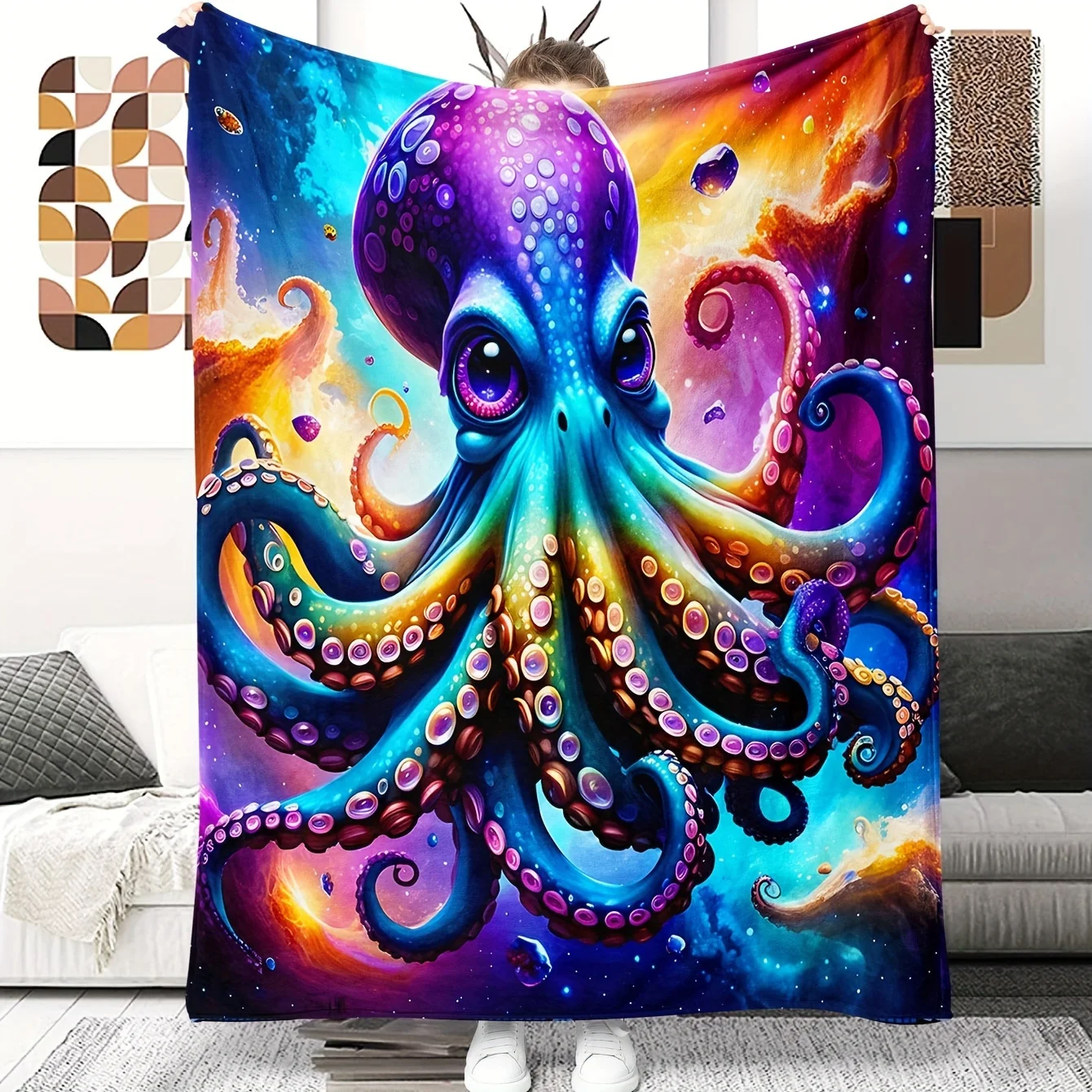 

1pc Contemporary Cartoon Octopus 3D Print Flannel Throw Blanket - Soft, Comfortable, All-Season Multipurpose Bedding and Sofa