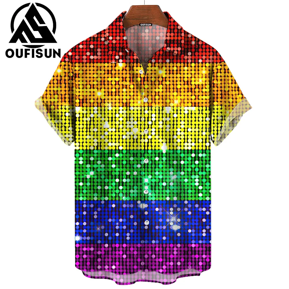 New Summer Fashion Pride Month Party Rainbow Print Men\'s Short Sleeve Casual Shirt Tops Street Trend Party Oversized Shirt S-5XL