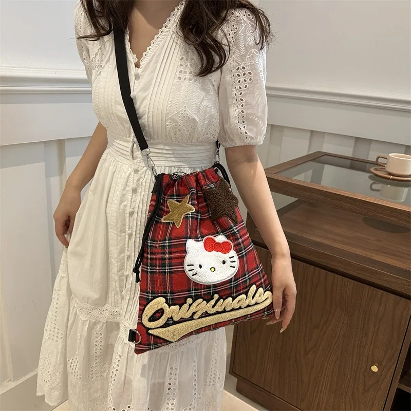 Hello Kitty Retro Plecak Sanrio Kitty Red Plaid Plecak Anime KT Torebka podróżna Prezent Plecak Kawaii Śliczne torby szkolne