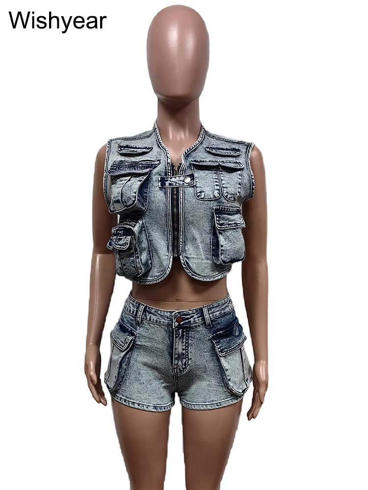 Blue Multi-pocket Elastic Denim Two 2 Pieces Pants Set for Women Jeans Shorts and Crop Top Vest Birthday Night Club Outfits y2k