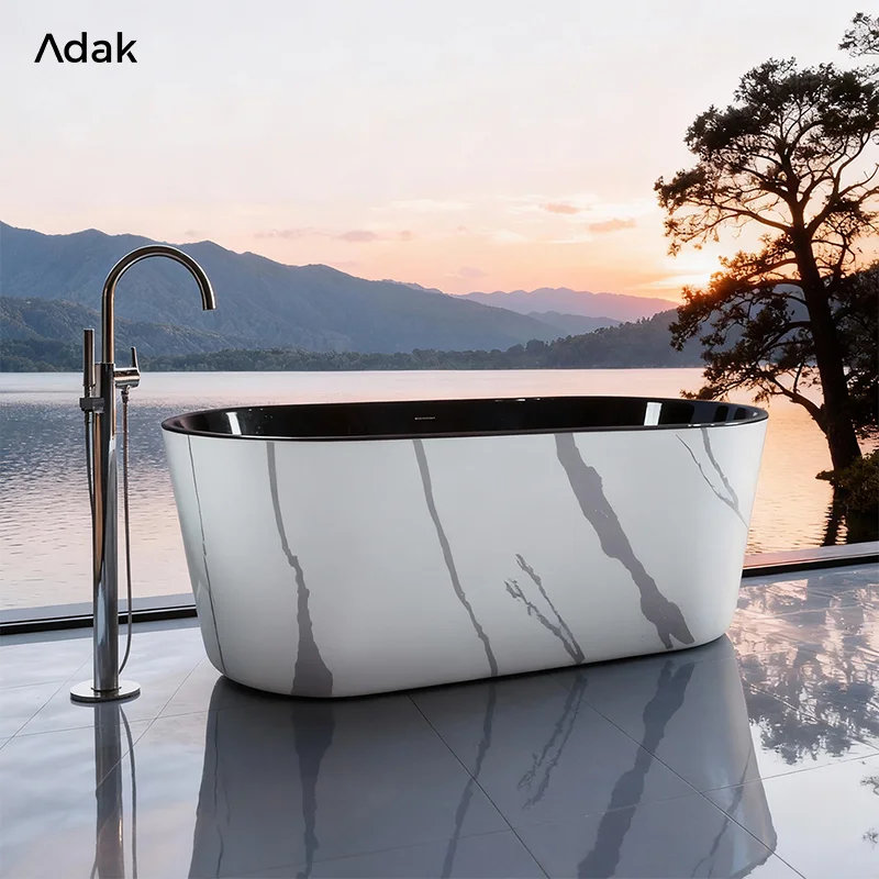 Marble Effect Freestanding Acrylic Eco Friendly Lightweight Durable Portable 5 Year Warranty Soaking Drainer 60gal+ Bathtub Oval