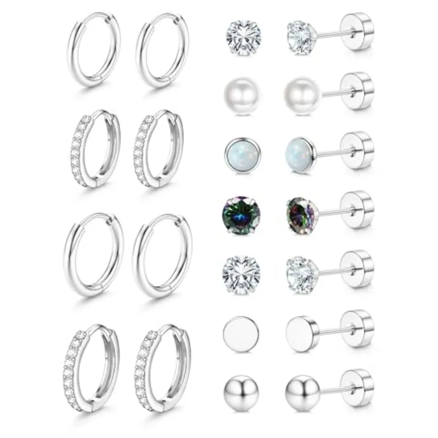 Pendientes de Aro Hipoalergénicos para Mujer, Pequeños, con Parte Posterior Plana, de Acero Quirúrgico, para Orejas Sensibles, Plateados, a la Moda