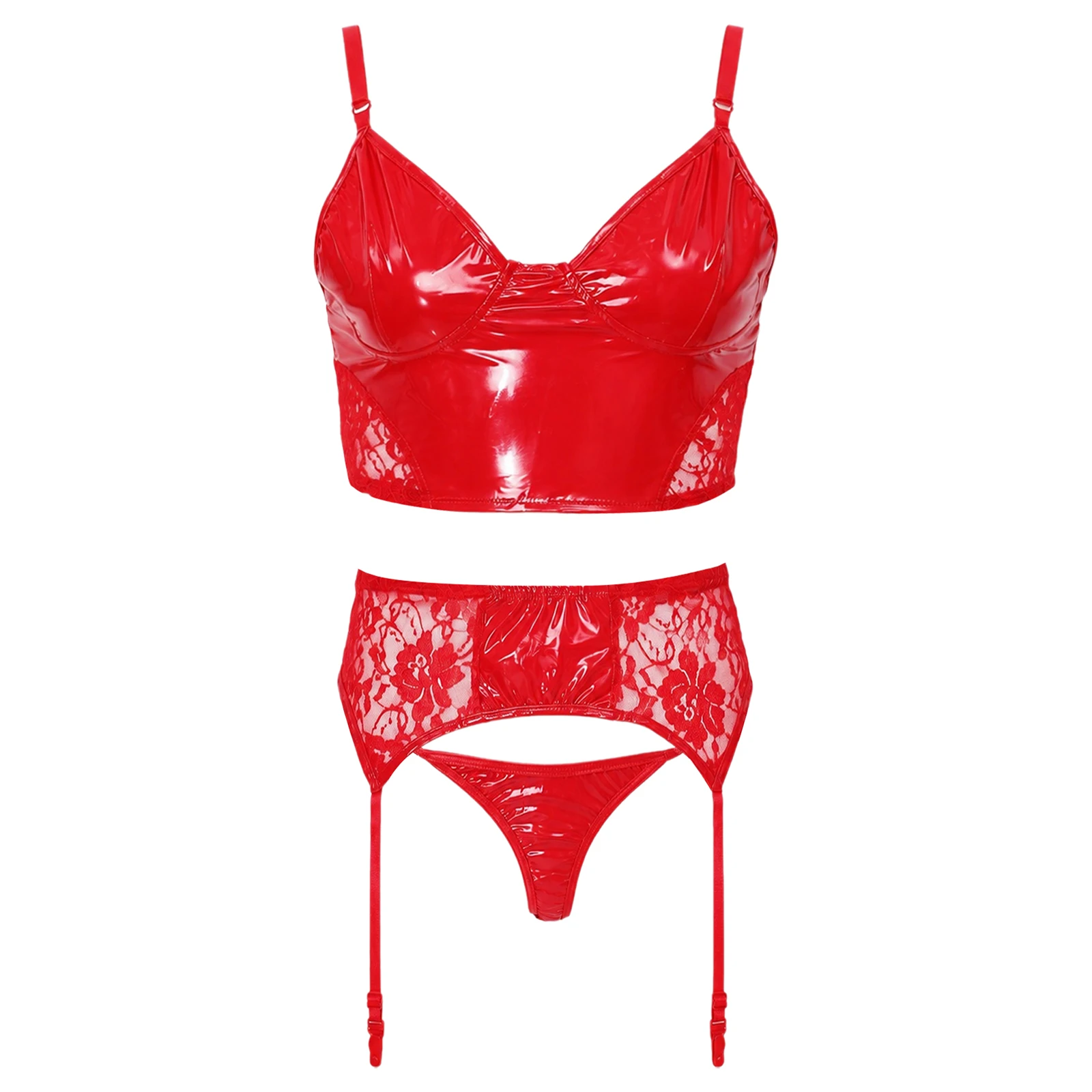 Womens PU Lace Patchwork Bikini Set Cami Crop Top With Garter Belt & Thong Bottom Women Stage Party Two‑Piece Swim Costume