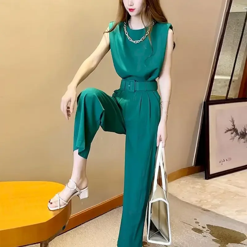 

Модные костюмы женские летние повседневные топы с короткими рукавами брюки с высокой талией темпераментные комплекты из двух предметов широкие брюки популярные комплекты