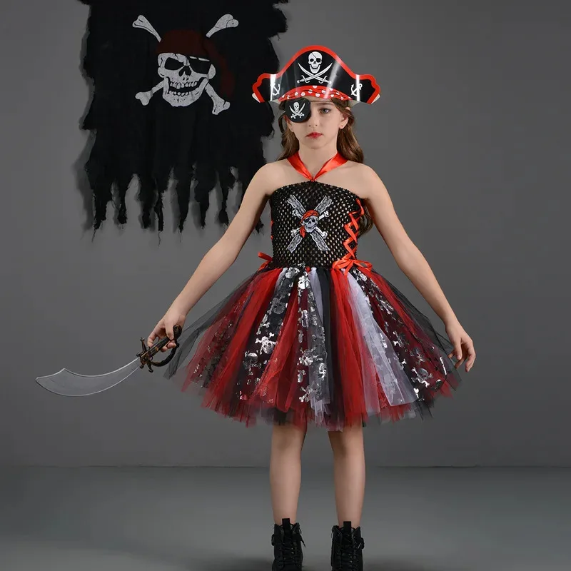 

Pirate Halloween Costume Red Black Little Girls Pirate Tutu Dress with Hat Cape Buccaneer Themed Cosplay Party Dress up Clothes