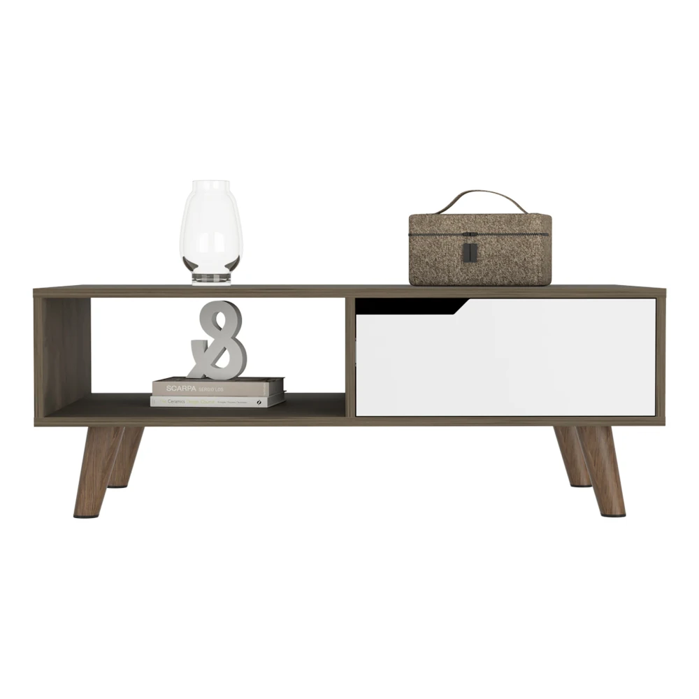 Coffee Table One Open Shelf One Drawer Dark Brown/White