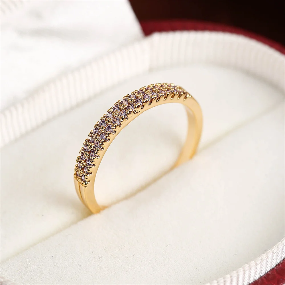 Double Row Small Round Stone Purple Zircon Rings For Women Vintage Gold Color Engagement Bands Wedding Jewelry Mother's Day Gift