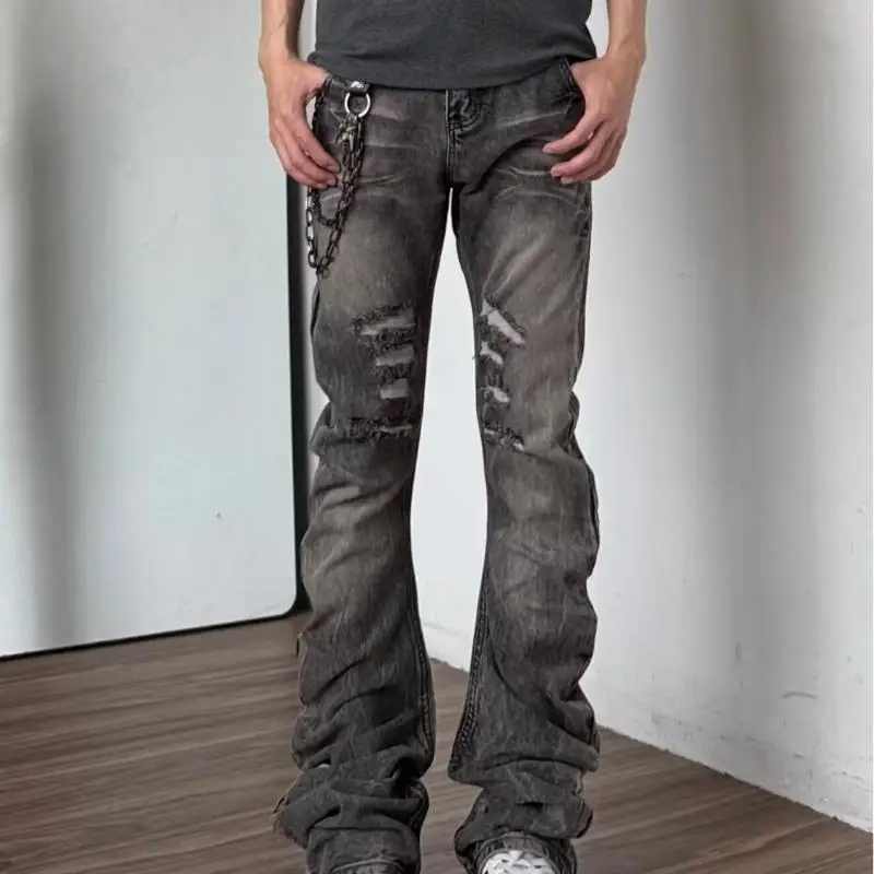 Men's Pleated Design Punk Jeans Casual Pants Arc-shaped Wide Legs Sweatpants Boys Casual Bottom Male High Waist Denim Trousers