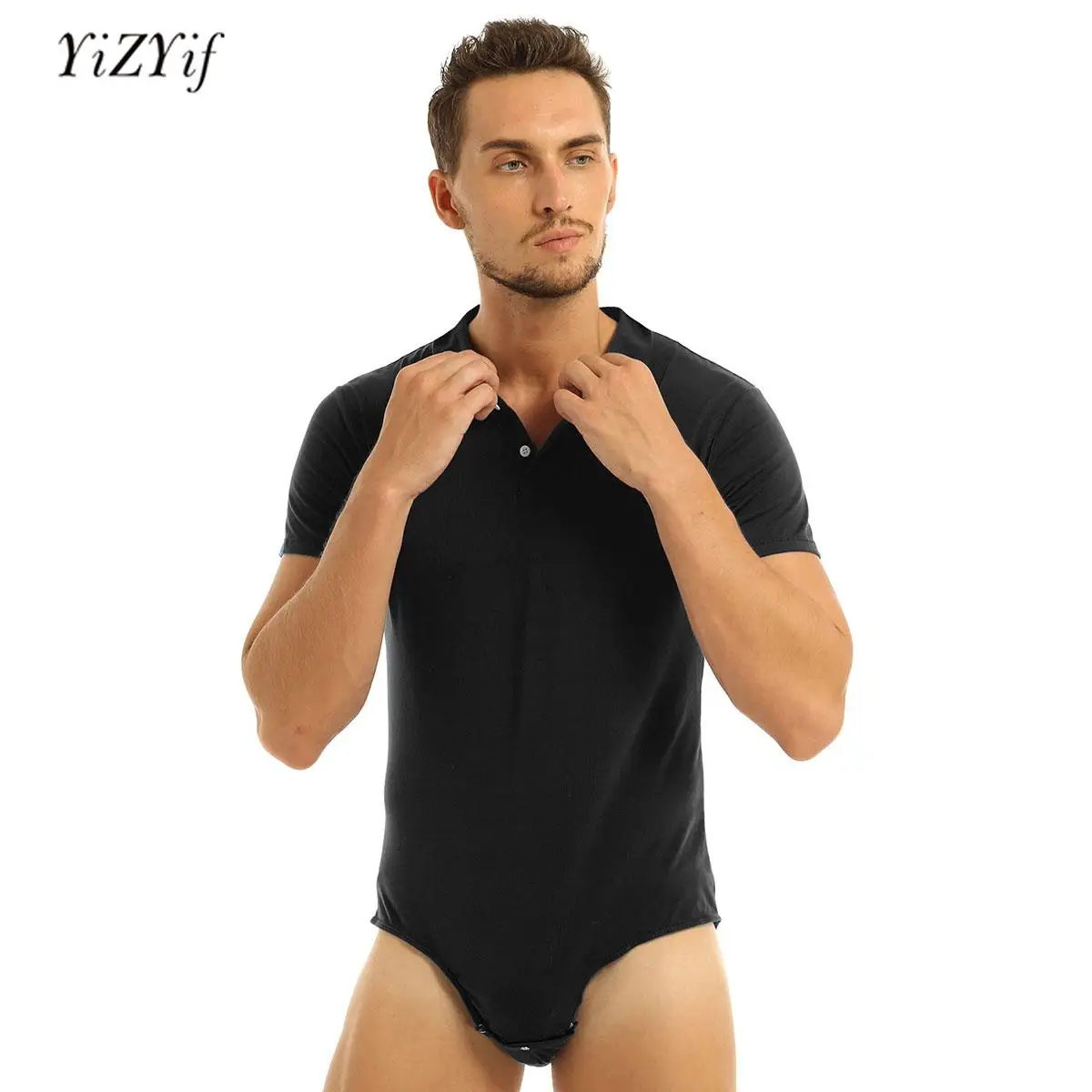Heren Eendelige Jumpsuit Lingerie Volwassenen Katoenen Korte Mouw Turn-Down Kraag Drukknop Crotch Shirts Bodysuit Romper Pyjama