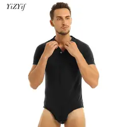 Erkek tek parça tulum iç çamaşırı yetişkin pamuk kısa kollu turn-aşağı yaka basın düğme kasık gömlek Bodysuit Romper pijama