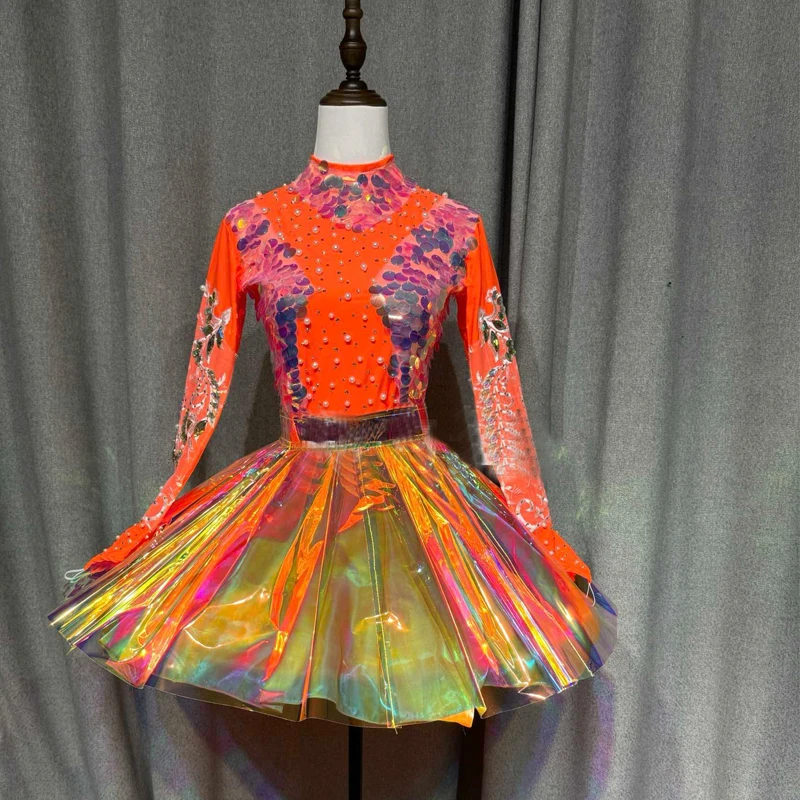 Women Group Jazz Dance Costume Sequins Top Laser Skirt Christmas Day Party Festival Outfit Nightclub Dj Ds Stage Gogo Wear 8771