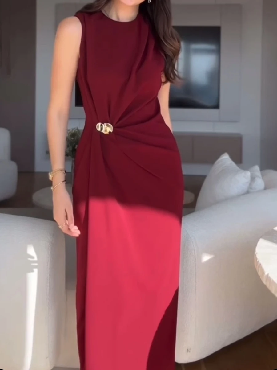 

Buckle Folds Solid Midi Dress Women Asymmetric Collar Sleeveless Elegant Long Dresses Summer New Simple Casual Fashion Vestidos