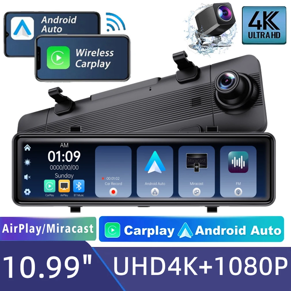 4K Mirror Dash Cam With Carplay Mirror & Android Auto, Dash Cam Front and Rear with WIFI GPS Tracker 11 inch Rear View Mirror