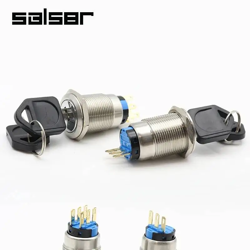 12/16/19/22mm Reset Momentary Self-locking Fixation Waterproof Metal Selector Rotary Switch 2/3 Position With Key Knob 3/6 Pins
