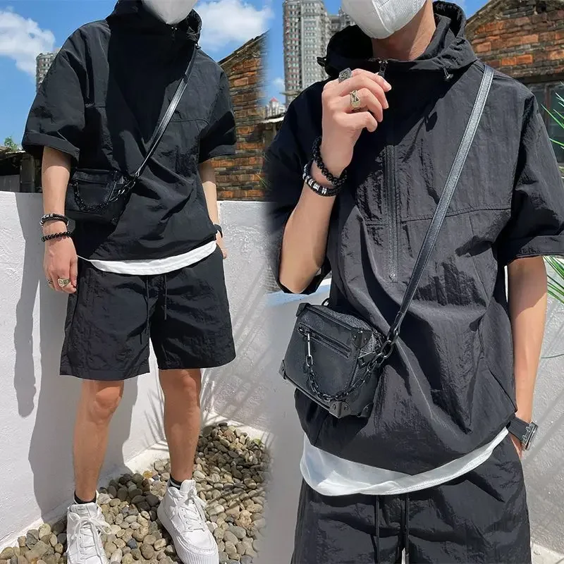 Summer Cargo Style Set Men\'s Casual Hooded Solid Short Sleeve T-shirt Shorts Loose Fashion High Quality Handsome Sweatshirt Suit