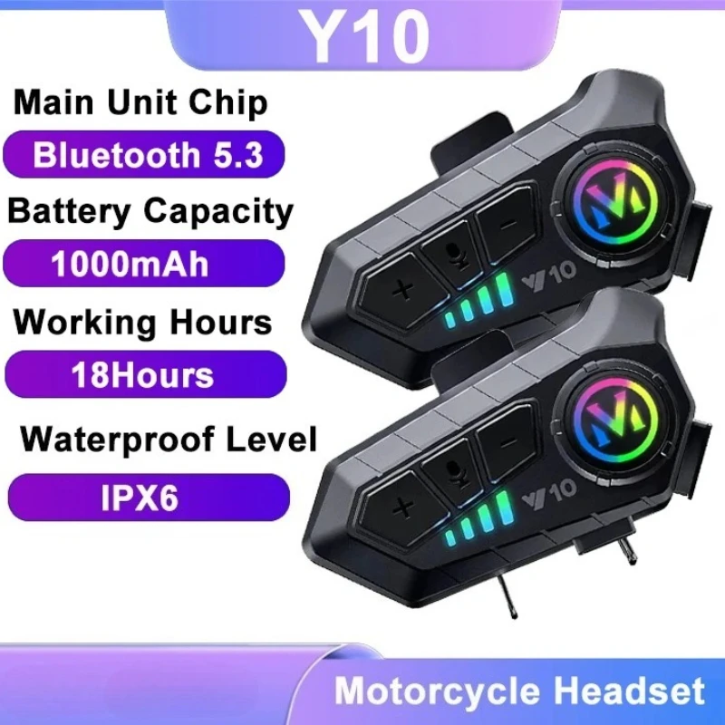 Y10 Motorcycle Bluetooth 5.3 Helmet Headset with Colorful Lights Waterproof Wireless Earphone Hands-free Headset Waterproof