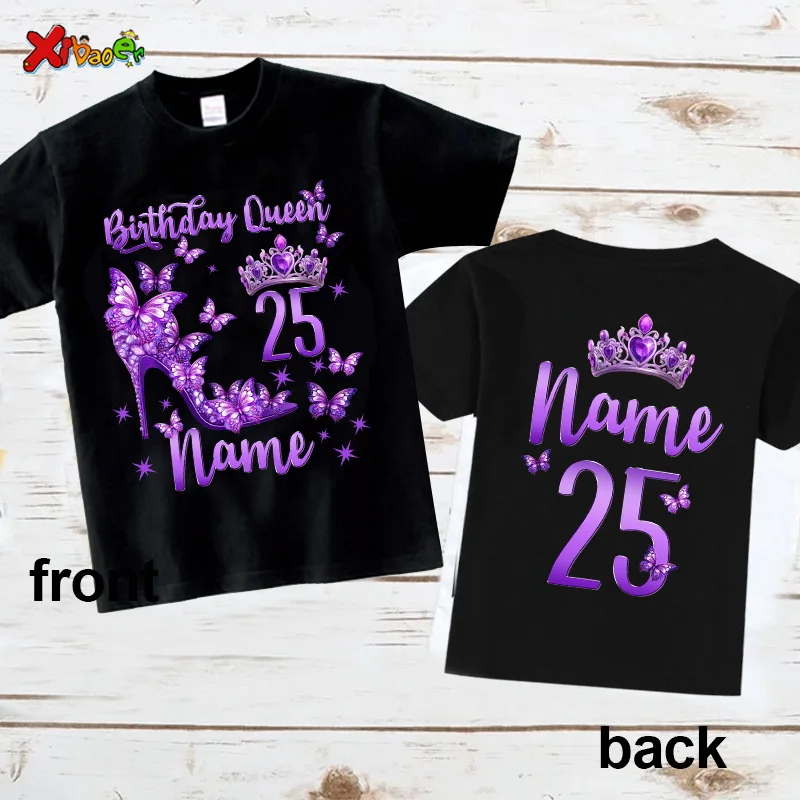 

25th Birthday Shirt Butterfly Party Outfits 18th Custom Name Shirts Women Clothes Crown 30th 21th Shirt Birthday Queen Tshirt