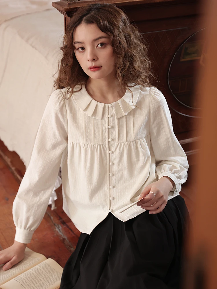 

Nesoulum Women's Long Sve irt Bubble Sve Button up Lav Collar White Color Retro Sle Spring Season Faion Top