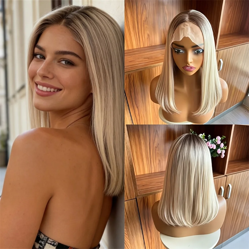New In Ombre Creamy Blonde Wig Synthetic Fibre Mixed Human Hair Wig 150% Density High Temperature Fiber Wig Short Straight Bob