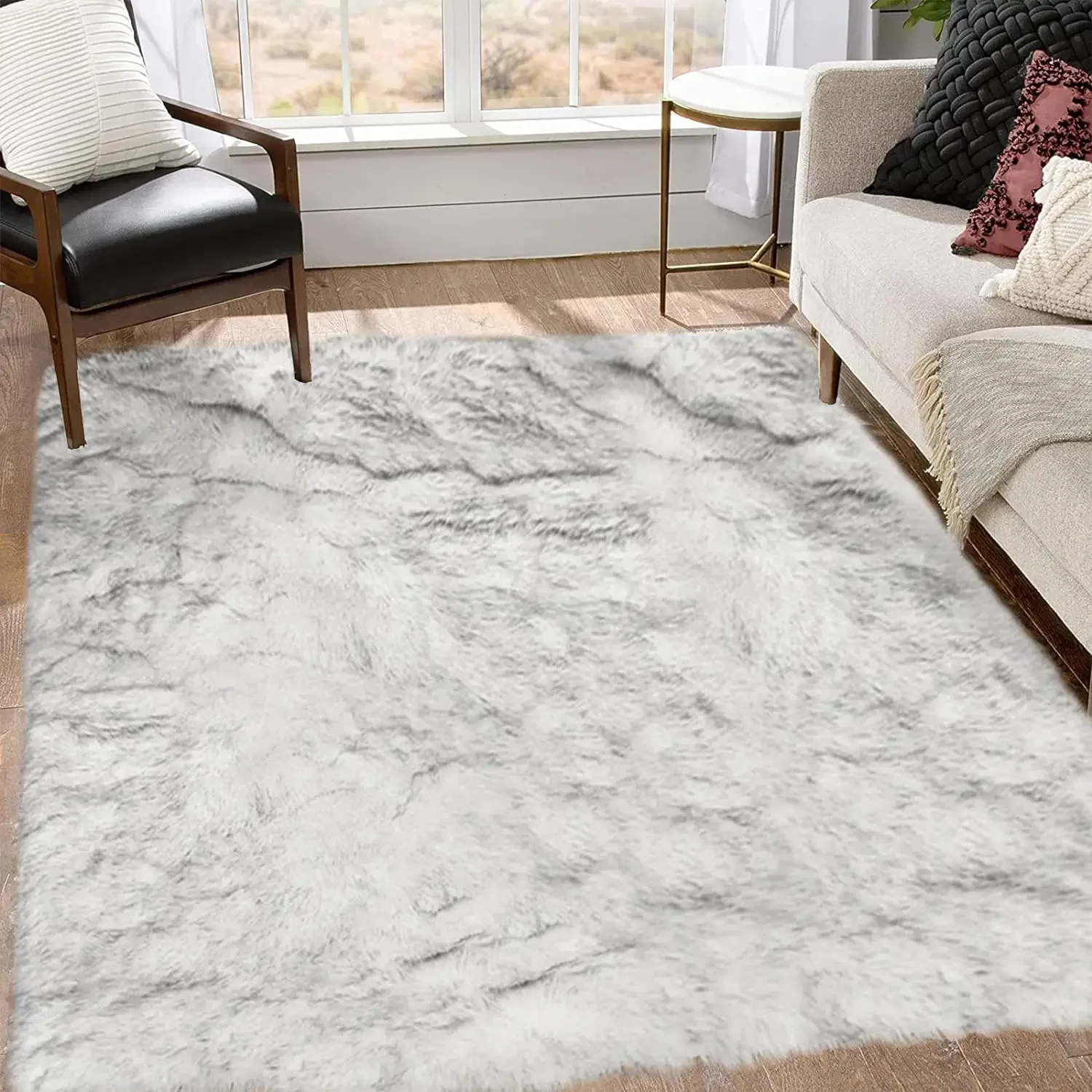 Goolela 8x10 Area Rugs for Living Room White and Grey Tips Faux Fur     Fluffy Fuzzy Sheepskin