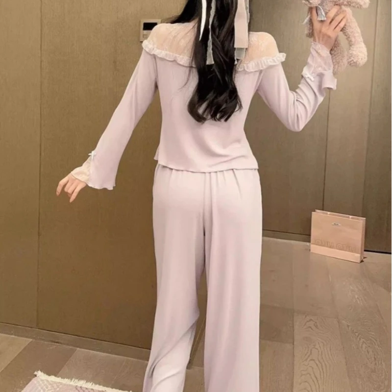 American style spicy girl retro sleepwear set with chest cushion spring and autumn sexy lace edge women's home suit set