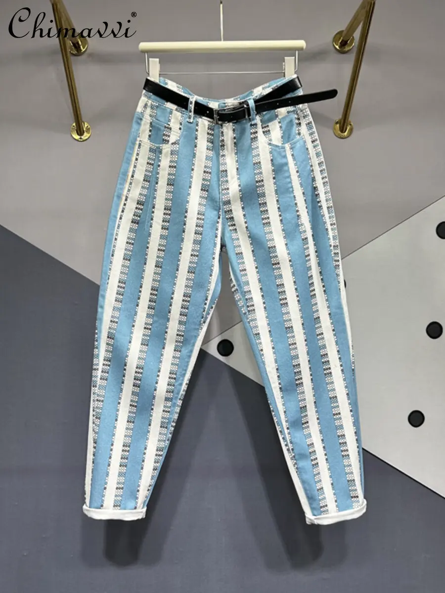 

Thin Blue White Stripe Dotted Prints Jeans Women European 2023 Summer Trousers New High Waisted Jeans Slim Elegant Harem Pants