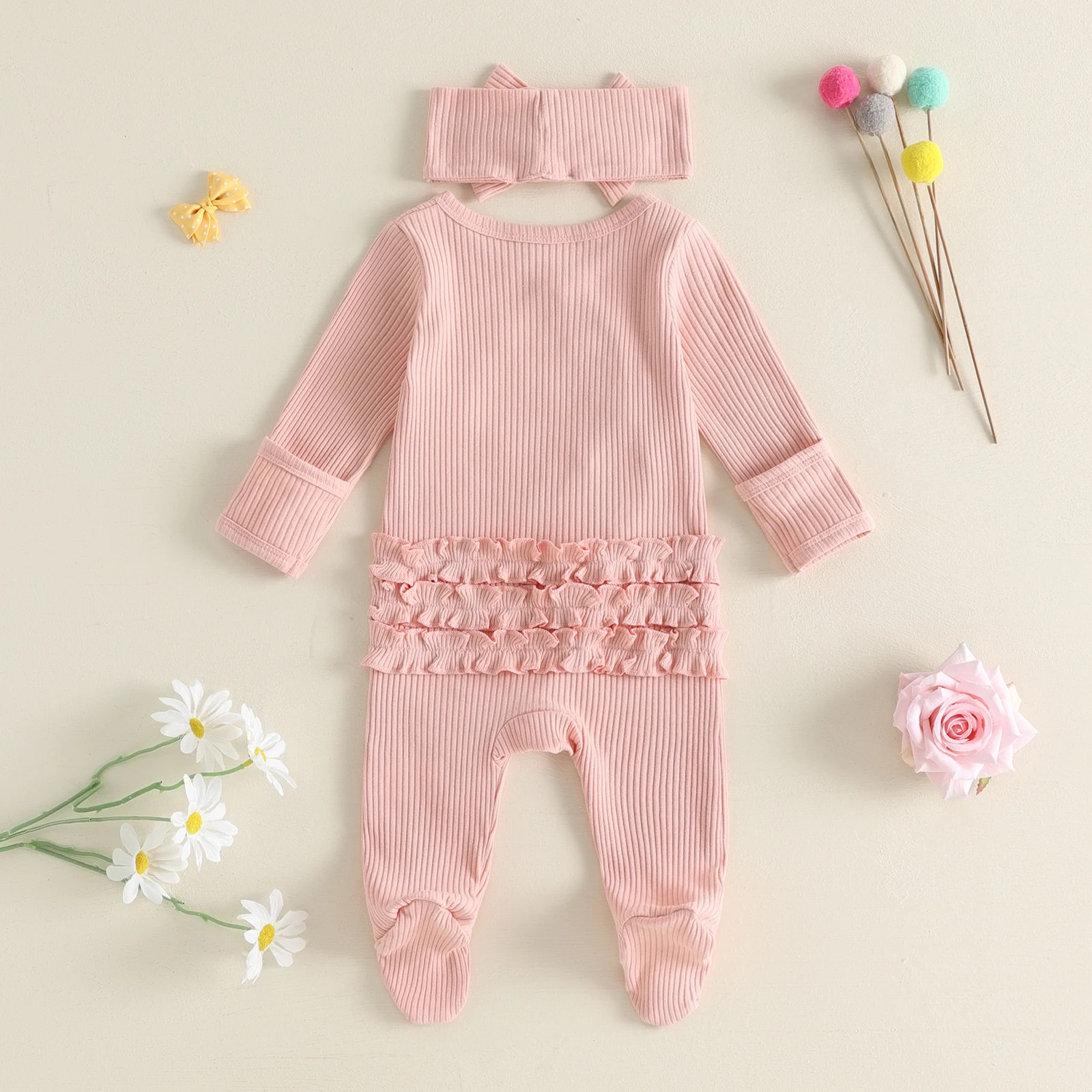Newborn Baby Girl Fall Jumpsuits Outfit Soft Long Sleeve Letter Printed Footed Romper Bow Headband