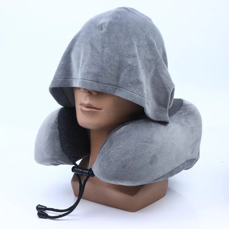 Memory Foam Travel Neck Pillow Hooded Adjustable Strap Washable Skin-friendly Fabric for Airplane Car Nap