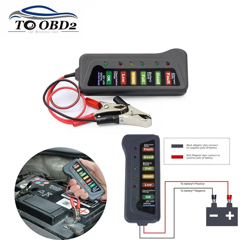

Мини-тестер аккумулятора 12 В, цифровой тестер генератора переменного тока, дисплей с 6 светодиодами и индикатором обнаружения света, автомобильный инструмент, тестер аккумулятора для автомобиля и мотоцикла