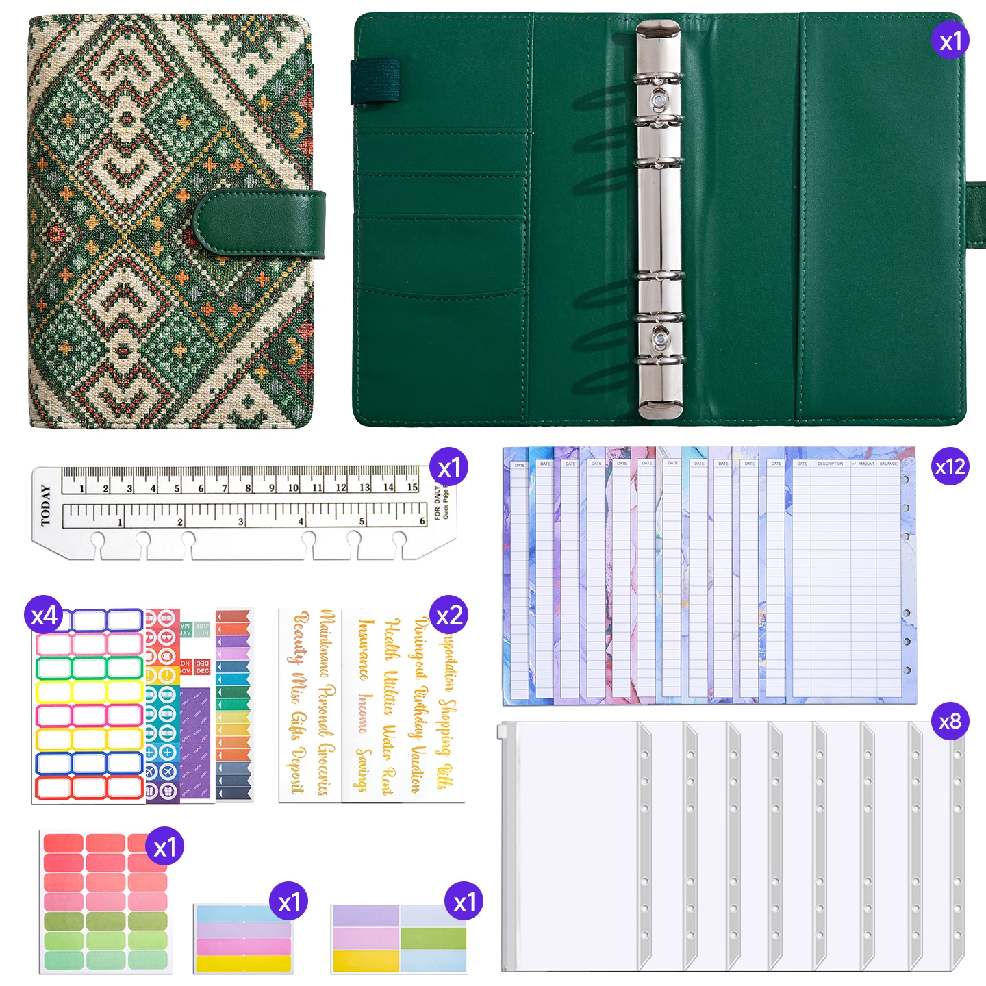 A6 Retro Fabric Texture Binder Budget Planning Notebook Cover Folder Binder Pocket Plastic Binder Financial Planner Envelope Set