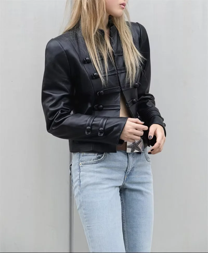Guobioziy 2026 Fall New Women's Short Jacket with Stand Collar Long Sleeves Button Decoration Street-Style Slim Fit Coat