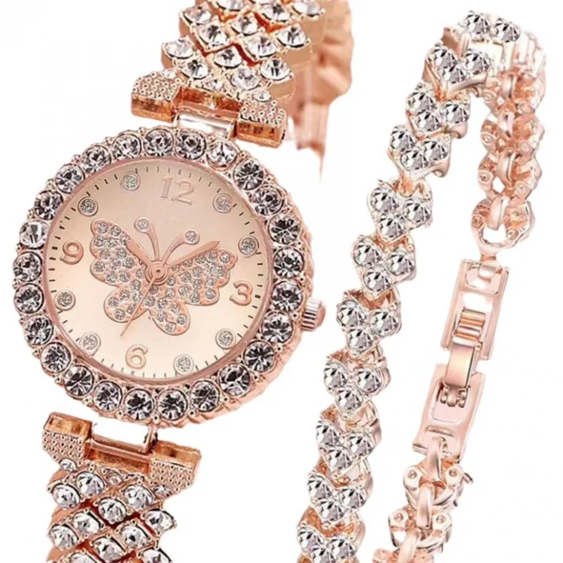 6 PCS New Luxury Love Rhinestone Jewelry Ladies Ring Necklace Earrings Bracelet Set Simple Digital Steel Strap Quartz Watch