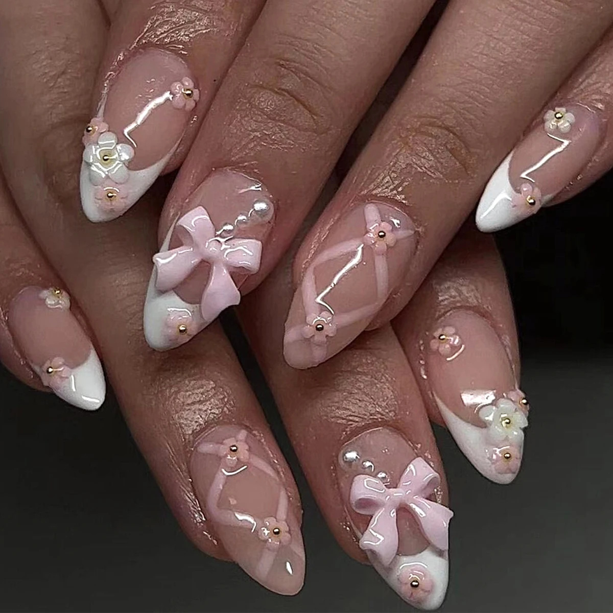 3d Mandel presse auf gefälschten Nägeln lange französische falsche Nägel mit rosa Schleife tragbares Blumen design ovale Maniküre volle Abdeckung Nagels pitzen