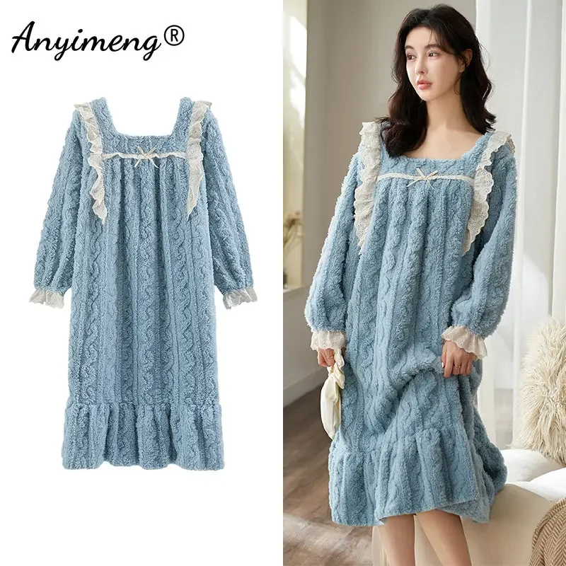 

Elegant Woman Winter Nightgowns Jacquard Velvet Long Sleeve Lady Nightdress M-4XL Mid-Calf Plus Size Women Thermal Nightgown