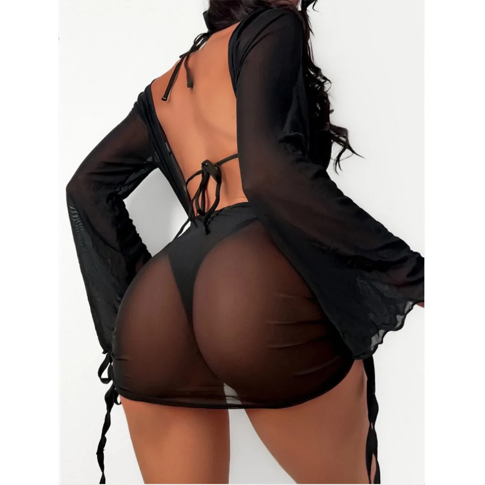 Cikini 2024 Split Three Piece Swimsuit Long Sleeve Sexy Mesh Hoodie Bikini Solid Color Summer Beach Swimwear Bathing Suit