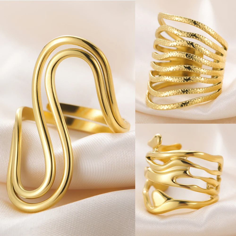 My Shape Exaggerated Geometry Rings for Women Stainless Steel Rings  Pinky Finger Ring Gold Color Jewelry Adjustable Size