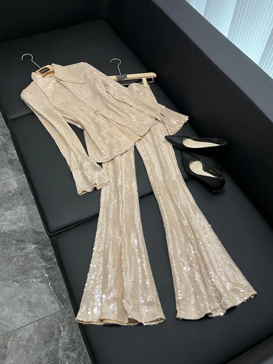 New 2025 Slim Fit Elastic Net irt Bell Bot Pants Transparent Sequin Beads Top Bot Set Women's Faion Autumn Wear