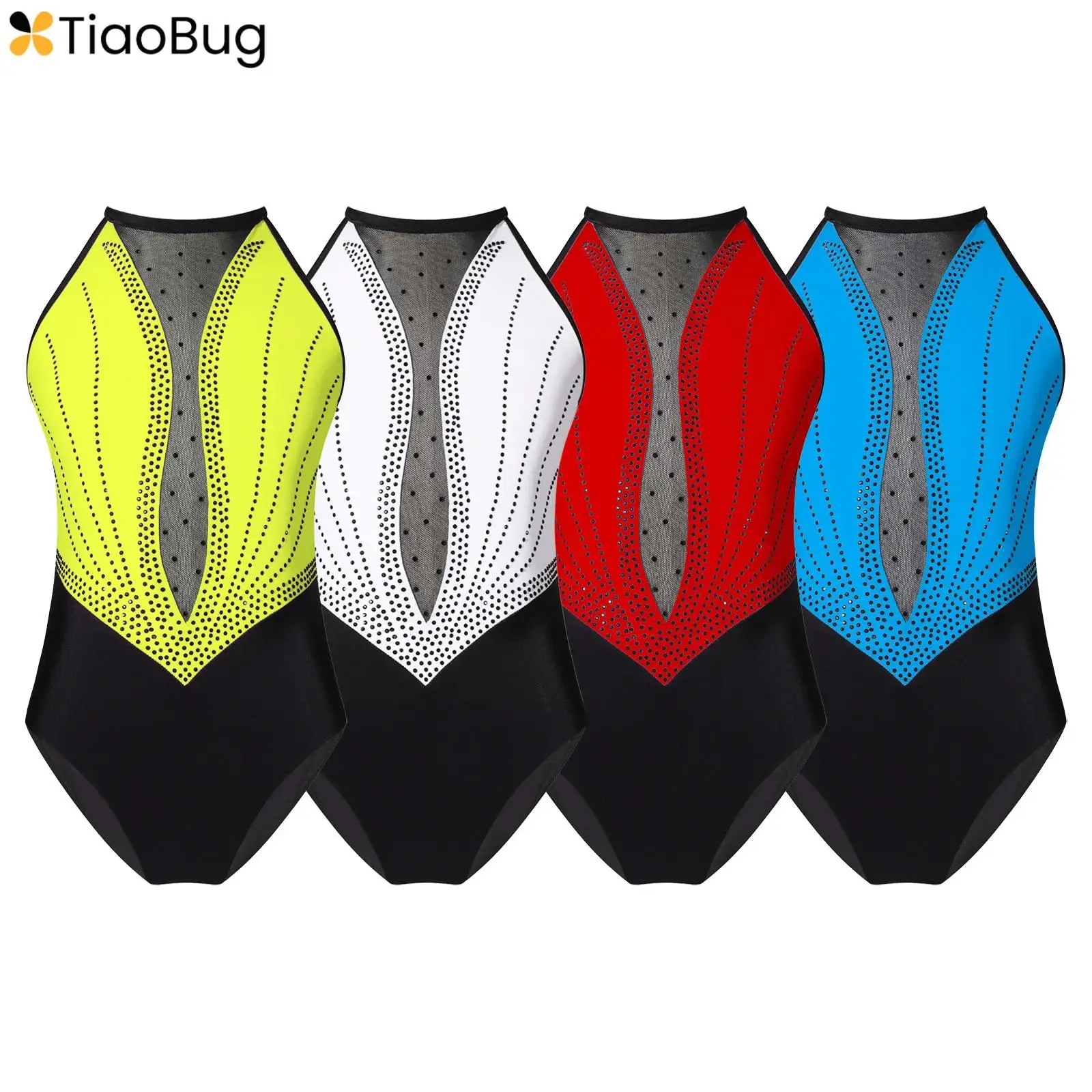 

Girls Ballet Dance Leotard 2024 New Kids Sleeveless Shiny Rhinestone Mesh Patchwork Bodysuit Figure Skating Gymnastics Dancewear