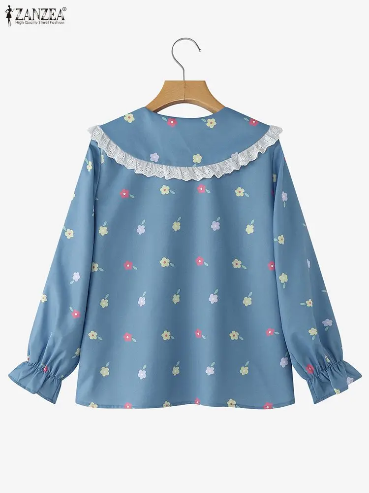 Damskie bluzki ZANZEA z nadrukiem kwiatowym w stylu vintage, koszule z długim rękawem, kołnierzyk Peter Pan, tuniki z koronkowymi wstawkami, bluzki jesienne, bluzki damskie 2025