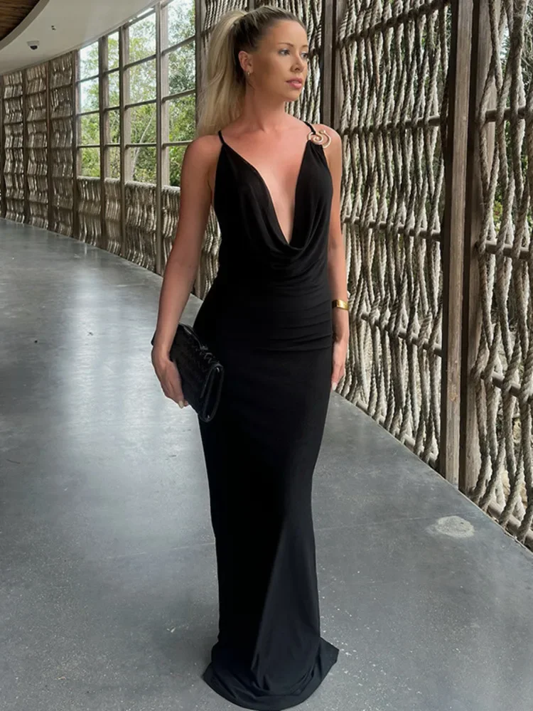 XIAOTANG Spaghetti Strap Deep V Neck Sexy Maxi Dress Women Fashion Metal Decoration Sleeveless Backless Beach Club Long Dress