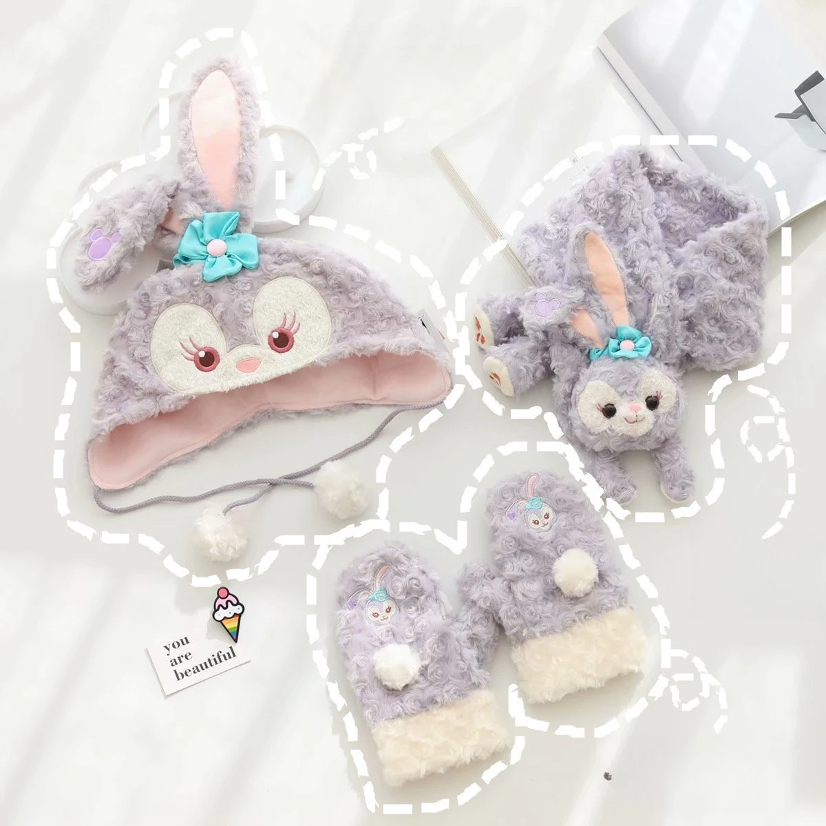 

Disney cartoon Disney Star Delu Plush Gloves Shirley Rose Scarf Hat Winter Warm Stella Bunny Scarf Scarf Women