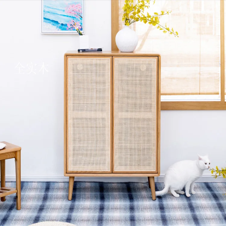 Nordic Japanese style full solid wood double door rattan woven shoe cabinet, oak simple modern bedroom storage, hallway hollowed